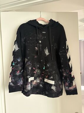 Off-White Black Graphic Paint Hoodie with White Stripes